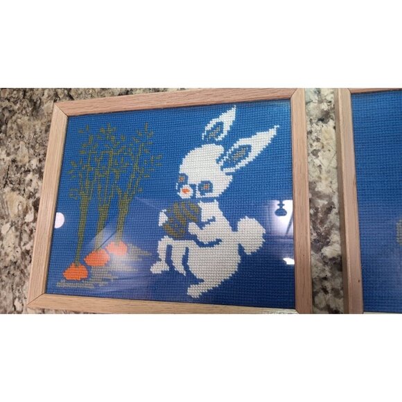 Vintage Two Needlepoint Art Complete Rabbit Kitten Cat Yarn Cross Stitch Framed - Picture 7 of 16